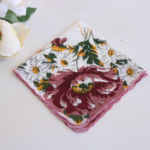 Vintage Handkerchief, Brown, Yellow and White Flower Print Cotton Hanky - Picture 2 of 10